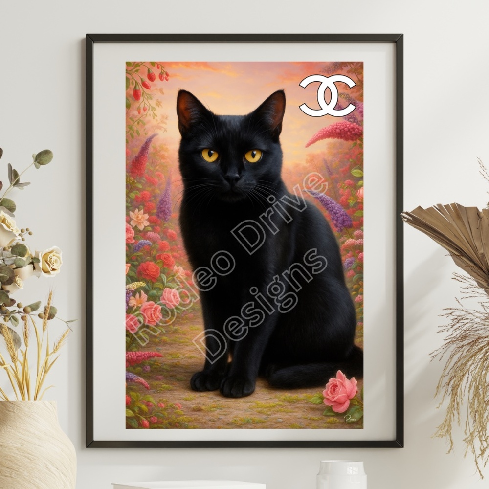 Luxury Black Cat Art Print Floral Aesthetic Chanel Wall Decor 11x17 LIMITED ED.